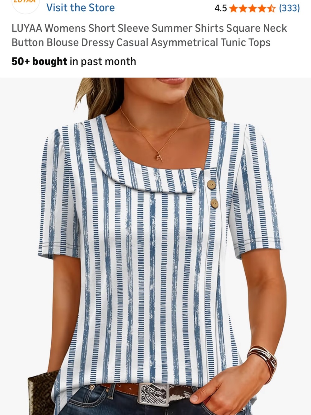Women’s Blue & White Striped Square Neck Short Sleeve Top